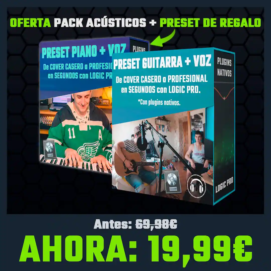 Mockup del PACK Acústicos para Logic Pro X con presets para mezclar covers: ACTION (voz y guitarra) y SOFT (voz y piano) con plugins nativos y TDR Nova, incluye preset de regalo por tiempo limitado.