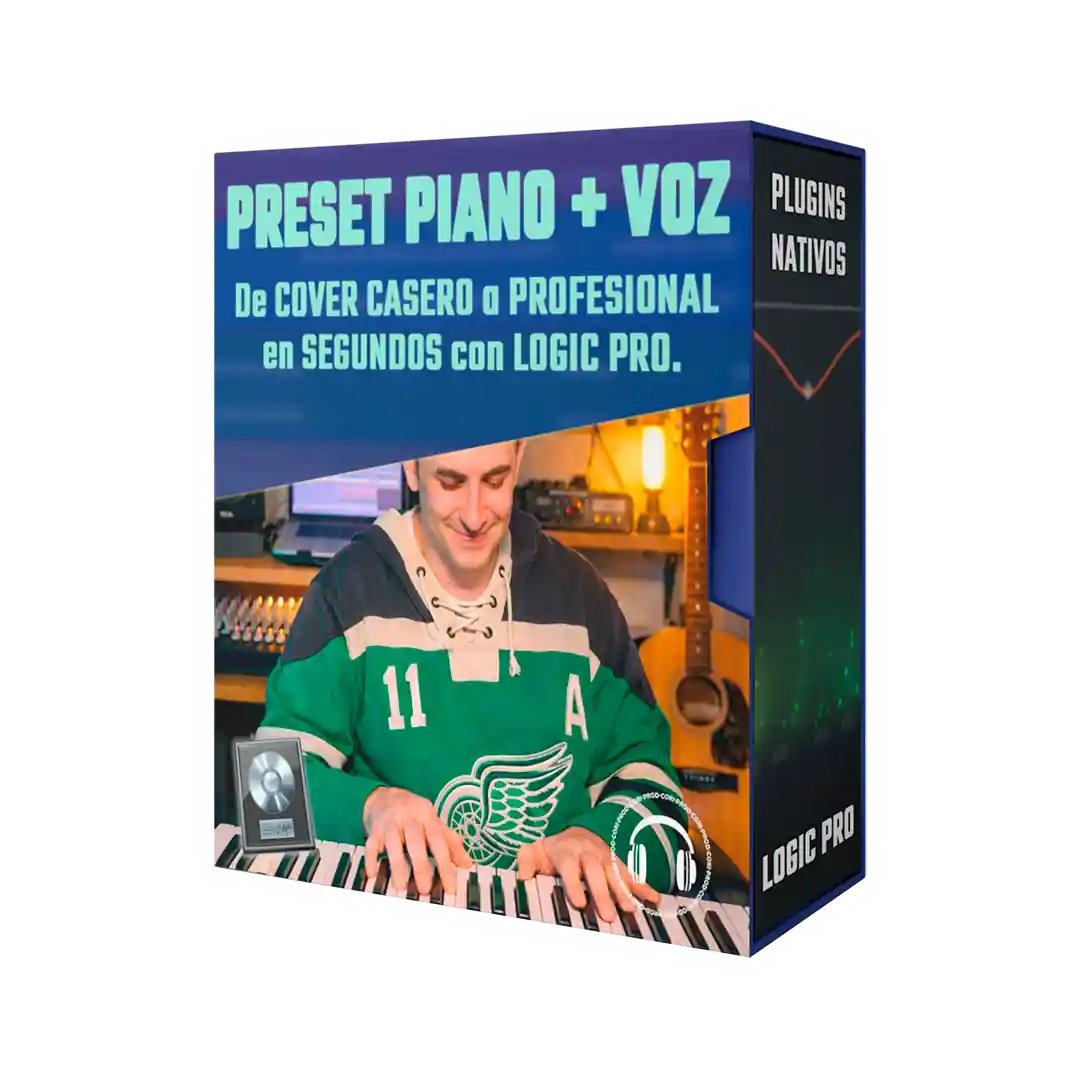 Mockup del preset SOFT para mezclar voz y piano en Logic Pro X con plugins nativos y TDR Nova, ideal para covers y acústicos grabados en casa.